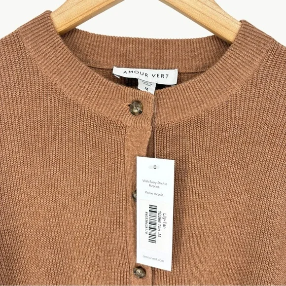 NWT Amour Vert Lily Rib-Knit Cropped Cardigan Sweater | Sz Medium | Camel Tan - Picture 5 of 13